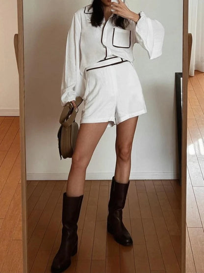 New in Summer Women's Elegant Set   Cotton Linen Long-Sleeved Black White Contrasting Color Design Shirt Shorts Two-Piece
