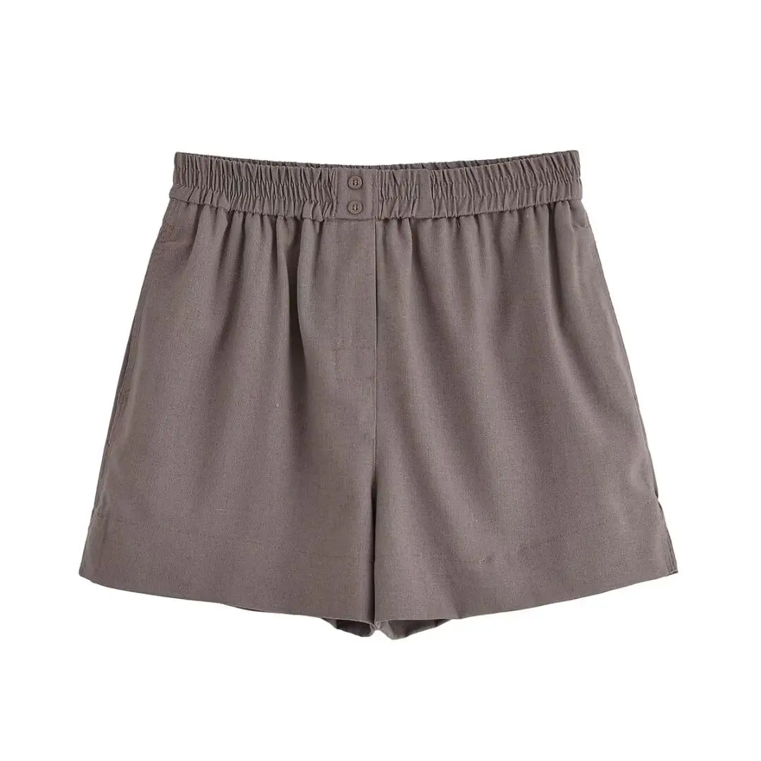 HH Women Casual Shorts Suit Lapel Single-Breasted Long Sleeves Shirt Top+Summer Elastic Waist Pocket Design Elegant Shorts
