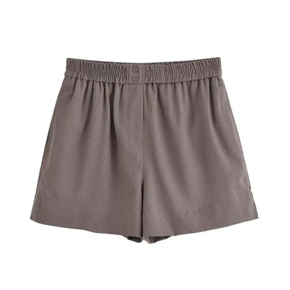 HH Women Casual Shorts Suit Lapel Single-Breasted Long Sleeves Shirt Top+Summer Elastic Waist Pocket Design Elegant Shorts