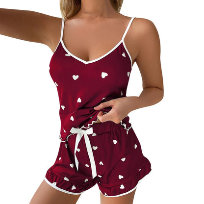 Women Summer Sleepwear Set Camisole Shorts Pajama Set Milk Silk Heart Print V Neck Sleeveless Sexy Loungewear Homewear