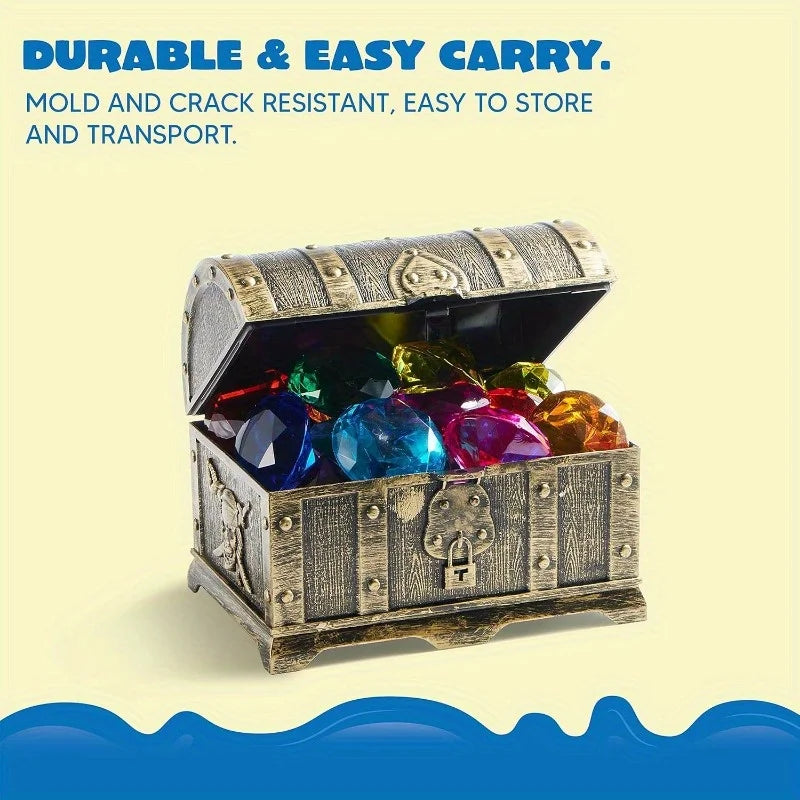 Joyfy Diving Gems Pool Toys 16 Big Colorful Diamond with Pirate Treasure Chest for Kids Underwater Gemstone Swimming Train Gift