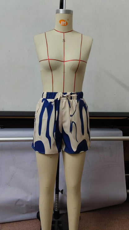 Elegant Summer Print Women's Set For Casual Vacation Style, Short-sleeved Shirt And High-waisted Shorts Two-piece Outfit
