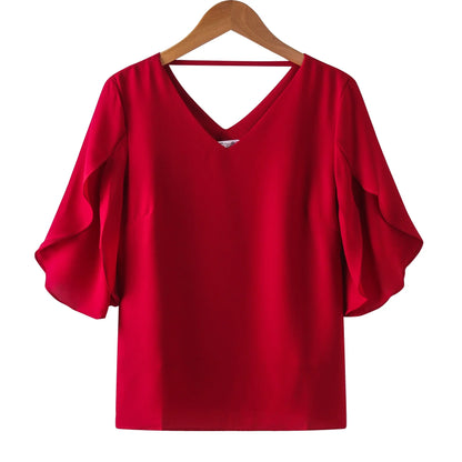 Women Chiffon Short Sleeve Shirt Sexy V-neck Loose Ruffled Chiffon Blouse.