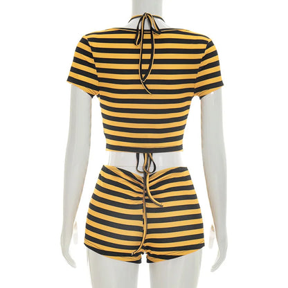 Women Striped Print 3 Piece Short Sets Summer Sexy Halter Lace-up Bra Short Sleeve Crop Top Shorts Matching Sets Beach Vacation