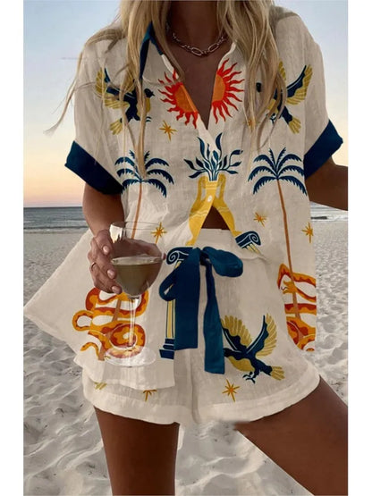 Casual Women Printed Blouse Shorts Two Pieces Sets Lapel Short Sleeve Button Shirt Suit Female New Summer Beach Holiday Outfits