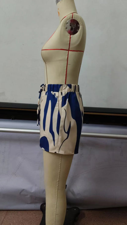 Elegant Summer Print Women's Set For Casual Vacation Style, Short-sleeved Shirt And High-waisted Shorts Two-piece Outfit