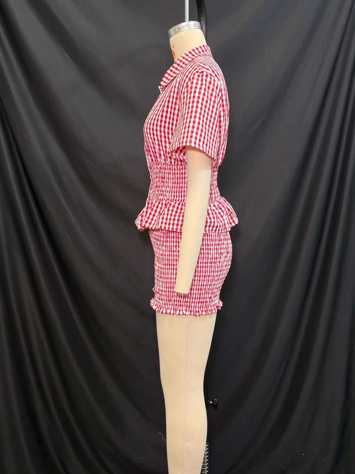 2025 Summer New Sweet Style Red and White Plaid Short Sleeve Shirt Collar Shorts Set