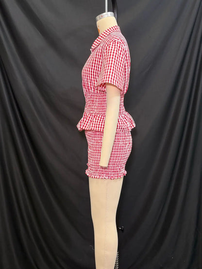 2025 Summer New Sweet Style Red and White Plaid Short Sleeve Shirt Collar Shorts Set