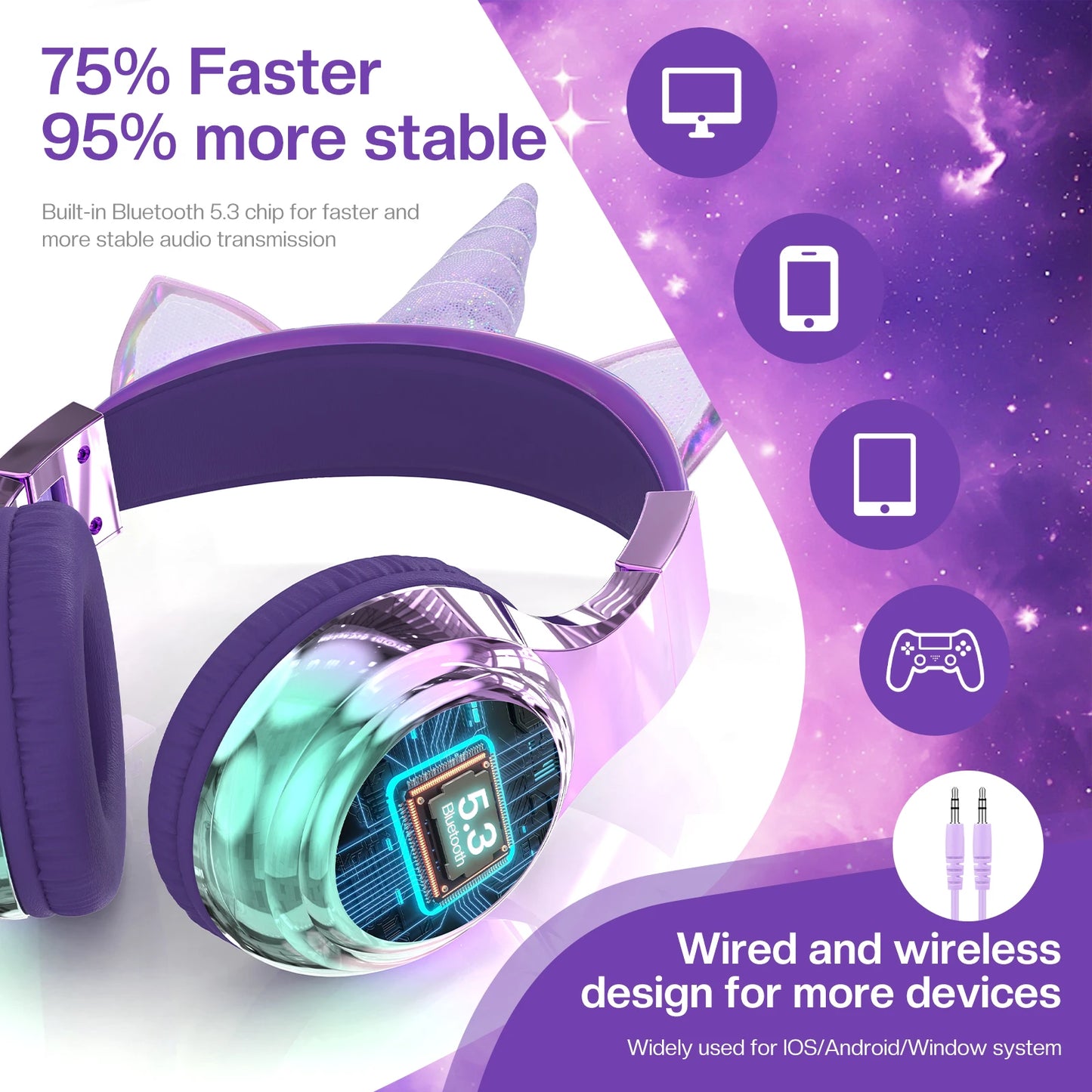 Unicorn Wireless Headphones for Kids Girls Bluetooth Earphones Foldable Cat Ear Headphones for School Travel Children's Headset