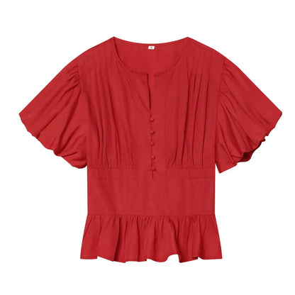 Women's Puff Sleeve Blouse New 2026 Spring Summer Vintage Simple O Neck Button Women Pintuck Shirts & Blouses Chic Female Tops