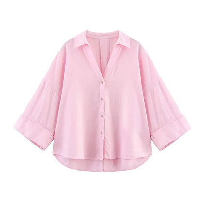 HipSeam Wide Sleeved Shirt Women Spring Asymmetric Hem Button Women's Shirts Simple Lady Johnny Collar Shirts & Blouses