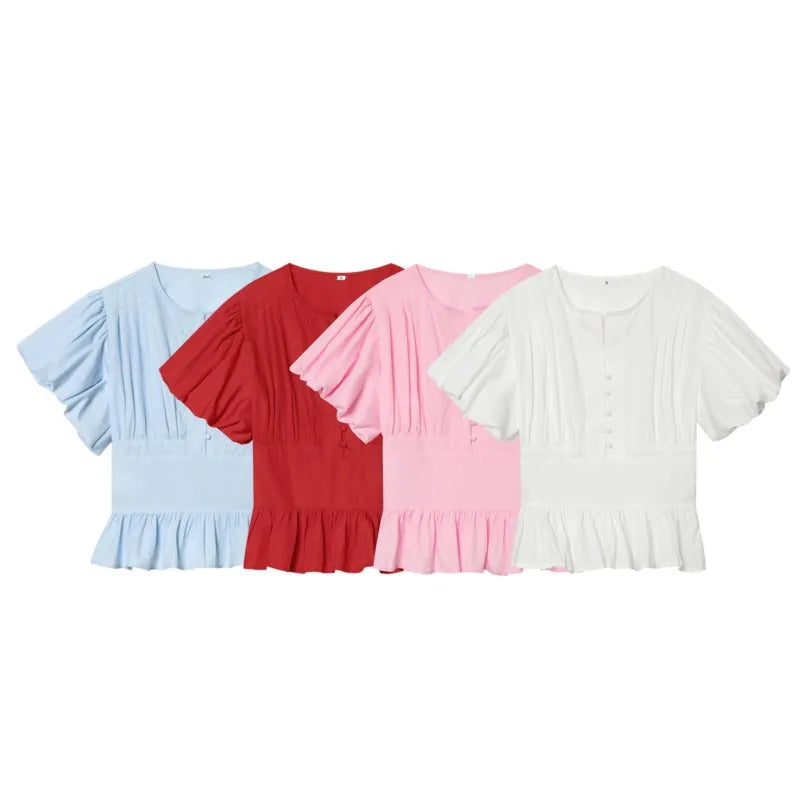 Women's Puff Sleeve Blouse New 2026 Spring Summer Vintage Simple O Neck Button Women Pintuck Shirts & Blouses Chic Female Tops