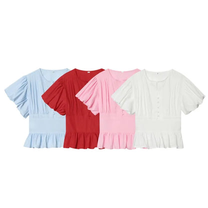 Women's Puff Sleeve Blouse New 2026 Spring Summer Vintage Simple O Neck Button Women Pintuck Shirts & Blouses Chic Female Tops