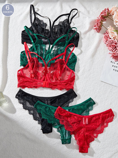 Women's Sexy Push Up Bra & Brazilian Panties Set - Lace Underwire Sheer Mesh Lingerie, Adjustable Straps Comfort Fit for Daily