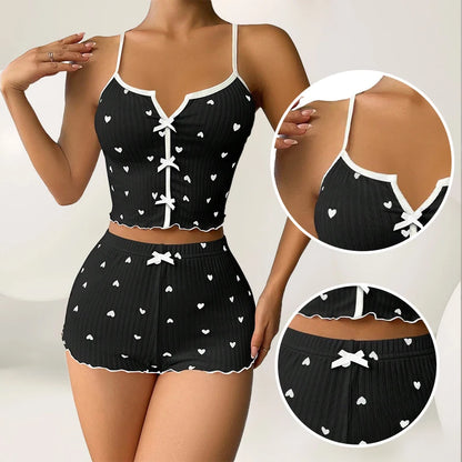 Women's Pajama Set Heart Print Soft Ribbed Fabric Sleepwear with Flirty Frill Trim Casual Cami Top and Shorts Sets Loungewear
