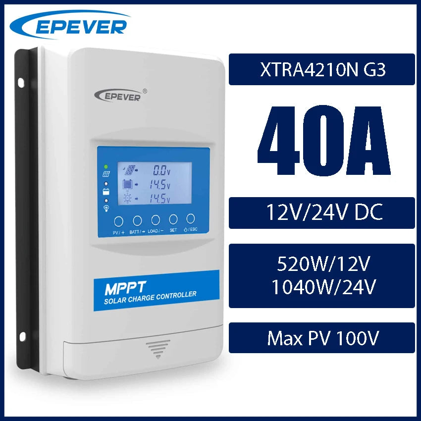 EPEVER 10/20/30/40A MPPT Solar Controller 12V 24V 48V XTRANG 60/100/150V PV Panel Support Lithium/No Battery