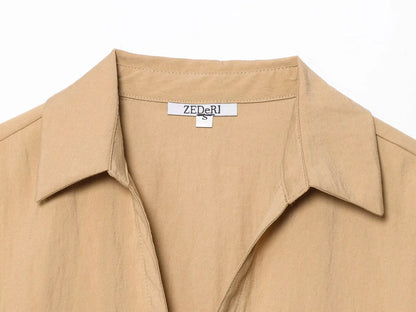 HH Women Elegant Turn-Down Collar Single-Breasted Shirts Top+Chic Mid Waist Belt Decoration Zipper Casual Shorts 2-Piece Set