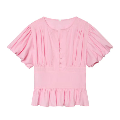 Women's Puff Sleeve Blouse New 2026 Spring Summer Vintage Simple O Neck Button Women Pintuck Shirts & Blouses Chic Female Tops