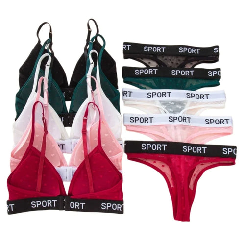 Women Lace Bra And Panties Set Sheer Polka Dot Lingerie Non-wire Bralette Sexy Low Rise Thongs Letter Band Mesh Underwear Set