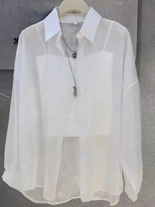 Plus Size Women’s Tops 2025 Summer Breathable and Sun-Proof Ice Silk Button Thin Loose Sheer Chiffon Blouses Shirts Long Sleeve