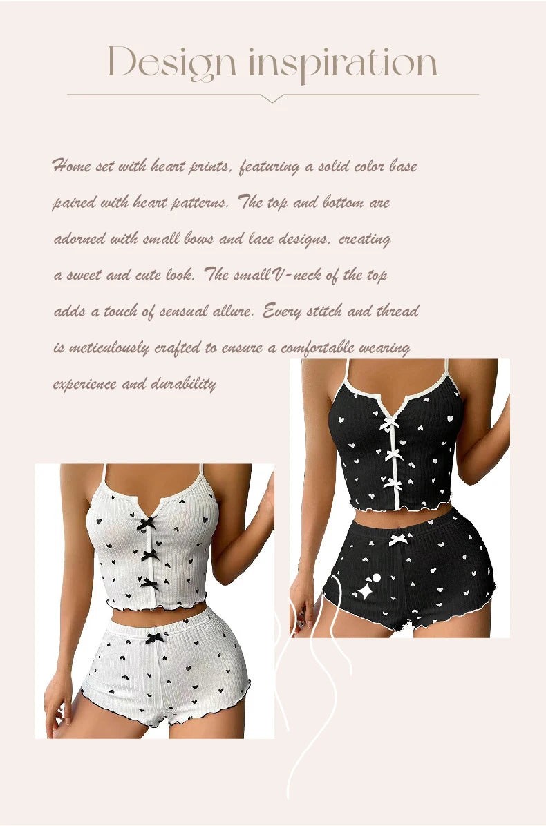 Women's Pajama Set Heart Print Soft Ribbed Fabric Sleepwear with Flirty Frill Trim Casual Cami Top and Shorts Sets Loungewear
