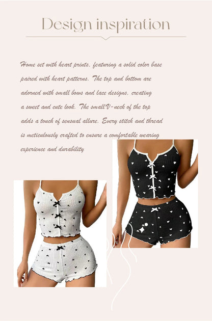Women's Pajama Set Heart Print Soft Ribbed Fabric Sleepwear with Flirty Frill Trim Casual Cami Top and Shorts Sets Loungewear