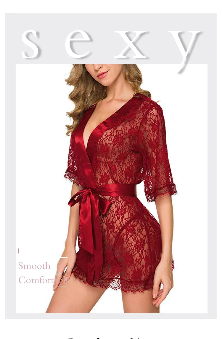 New Hot Sexy Women Floral Lace Lingerie V-Neck Sheer Mesh Nightgown Comfortable Ladies Kimono Nightdress Sleepwear