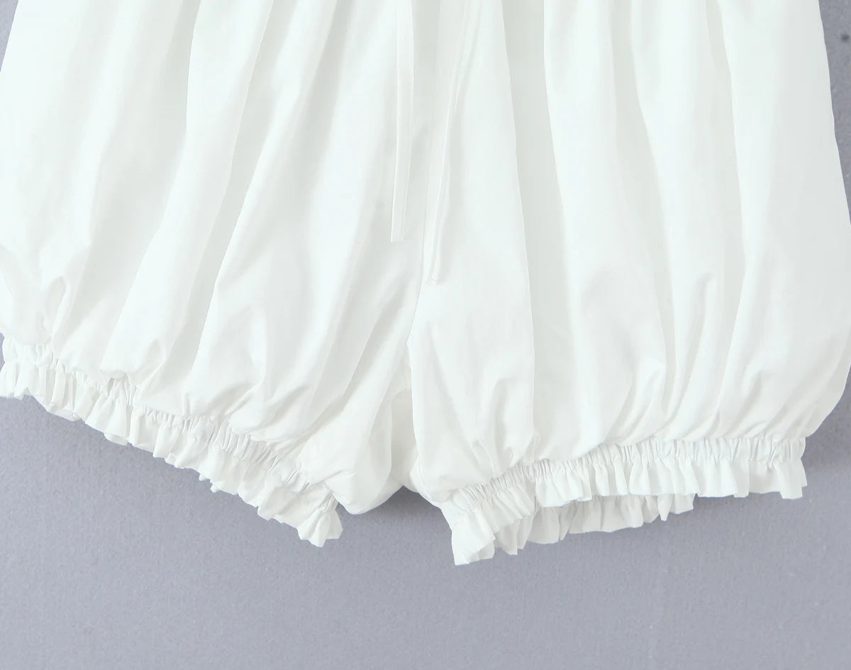 2 pieces 1 set Spring Summer White Elastic Slash Shoulder Lantern Sleeve Shirt + Wood ears Elastic Waist BUD Mini Shorts Suits