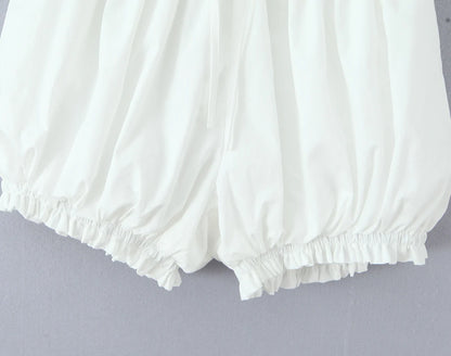 2 pieces 1 set Spring Summer White Elastic Slash Shoulder Lantern Sleeve Shirt + Wood ears Elastic Waist BUD Mini Shorts Suits