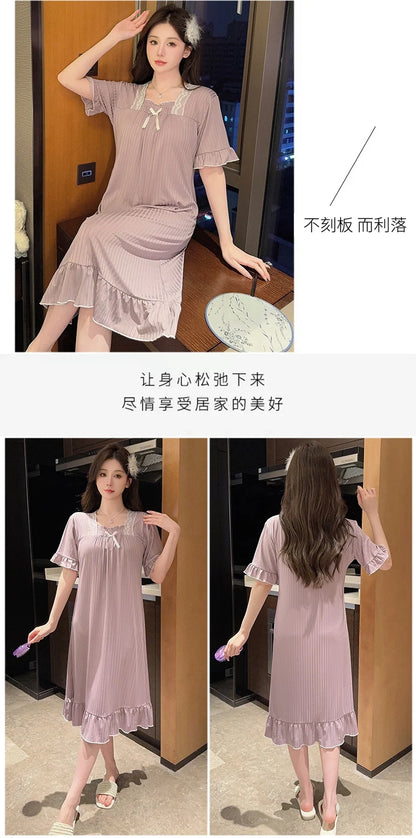Hot Summer Plus Size Sexy Lace V-neck Short Sleeve Cotton Nightgowns for Women Cute Sleepwear Night Dress Nightdress Home Nighty