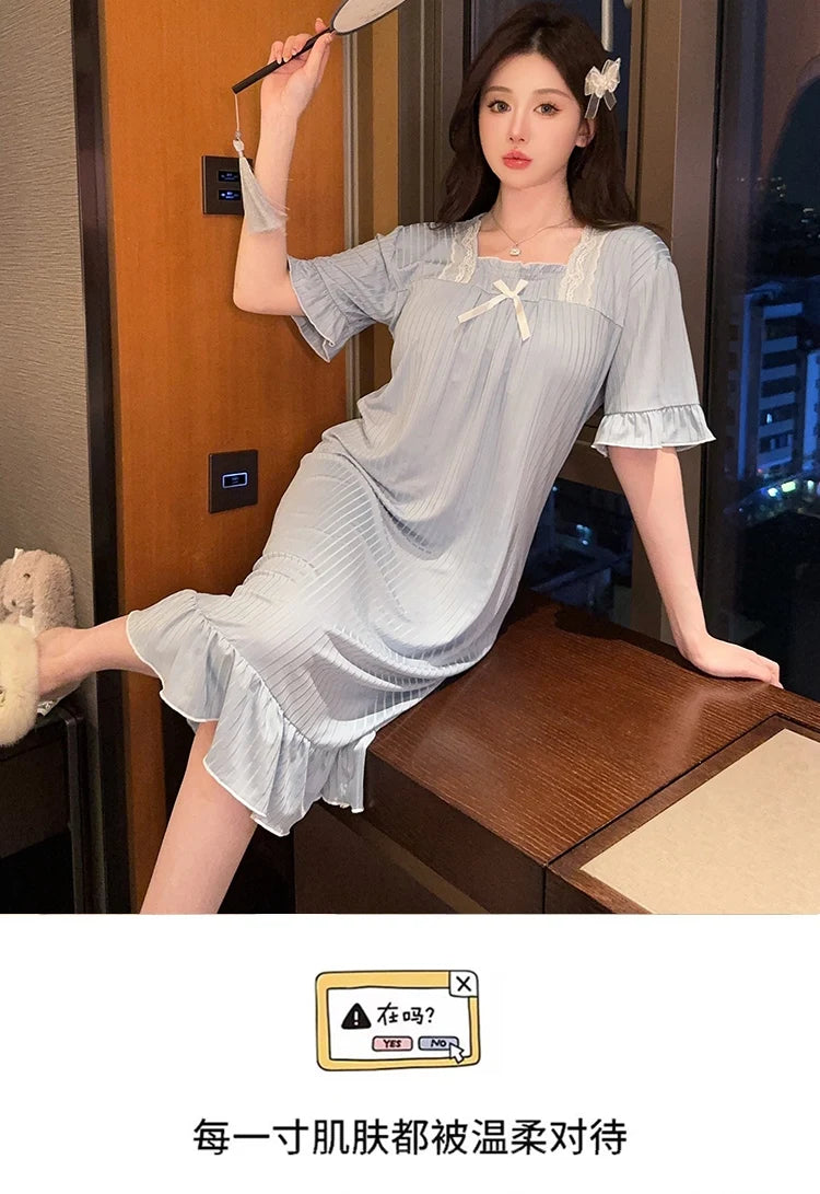 Hot Summer Plus Size Sexy Lace V-neck Short Sleeve Cotton Nightgowns for Women Cute Sleepwear Night Dress Nightdress Home Nighty