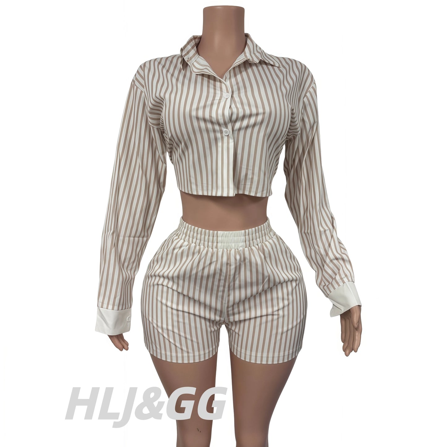 HLJ Spring Summer Ladies Shorts Outfits Stripes Crop Shirt Top + Shorts Two Piece Set Casual Matching Women 2 Piece Clothing Set