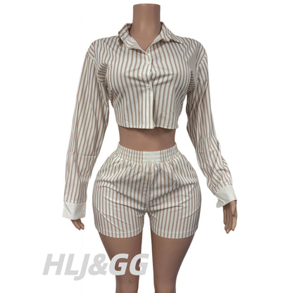 HLJ Spring Summer Ladies Shorts Outfits Stripes Crop Shirt Top + Shorts Two Piece Set Casual Matching Women 2 Piece Clothing Set