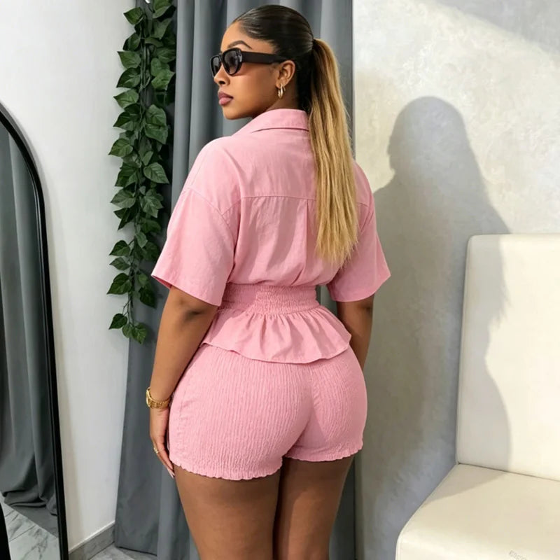 Elegant New Design WomenSummer Two Piece Set Solid Color Short Sleeve Elastic Waist Ruffles Hem Blouse Top And Folds Shorts Set