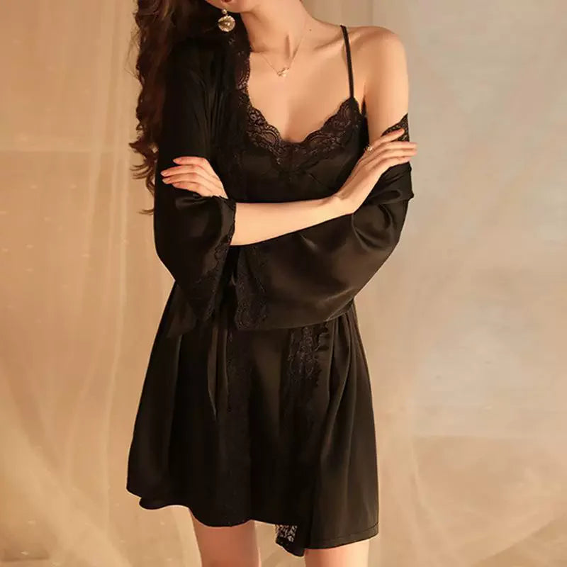 Sexy Female Sleepwear Nighty&Robe Set French Kimono Bathrobe Gown Patchwork Lace Lingerie Nightgown Loose Homewear Loungewear