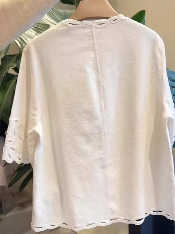 French Elegant White Linen Eyelet Lace Blouse Shorts Set Women V Neck Embroidered Hollow Out Tops And Elastic Waist Short Pants