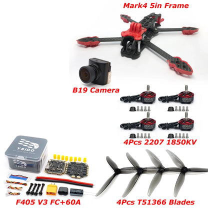 Mark4 5inch Frame Kit F405 V3 FC 60A ESC Stack 2207 1850KV Brushless Motor Propeller B19 Camera 915MHz ELRS RC FPV Racing Drone