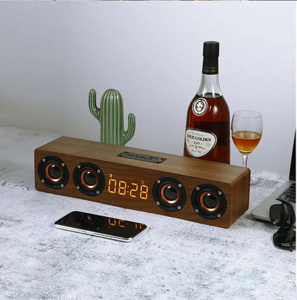 Domars Wireless Bluetooth 5.0 Speakers Wooden Alarm Clock Display Sound System Player with AUX TF FM Radio Subwoofer Box