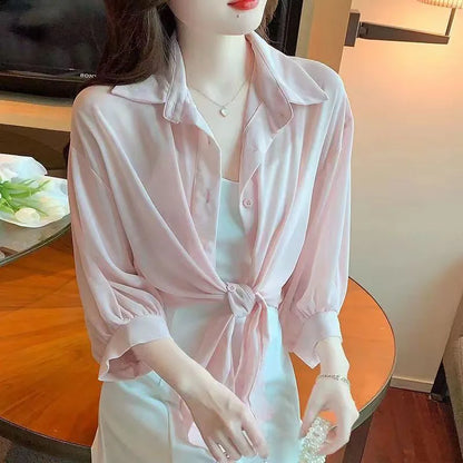 Xpqbb Summer Sun Protection Shirts Ladies Solid Color Tied Waist Half Sleeve Button Blouse Women Casual Loose Chiffon Shirt