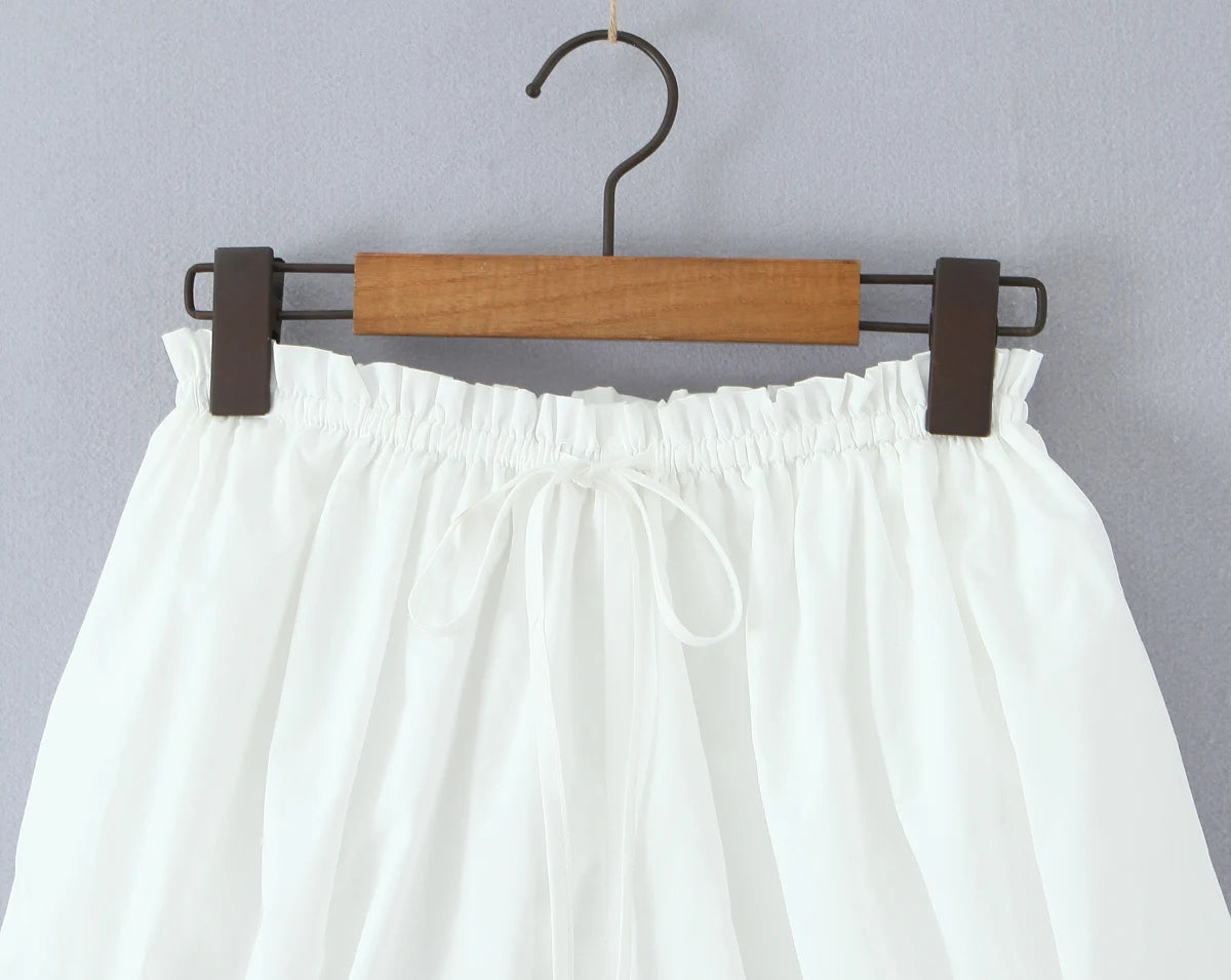2 pieces 1 set Spring Summer White Elastic Slash Shoulder Lantern Sleeve Shirt + Wood ears Elastic Waist BUD Mini Shorts Suits