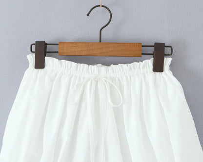 2 pieces 1 set Spring Summer White Elastic Slash Shoulder Lantern Sleeve Shirt + Wood ears Elastic Waist BUD Mini Shorts Suits
