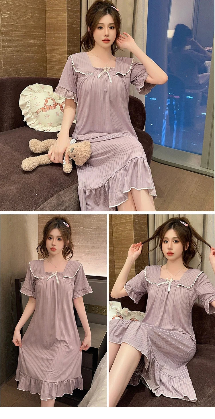 Hot Summer Plus Size Sexy Lace V-neck Short Sleeve Cotton Nightgowns for Women Cute Sleepwear Night Dress Nightdress Home Nighty