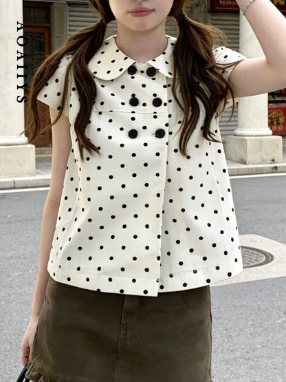 Aoaiiys Dot Shirts Women Peter Pan Collar Short Sleeve Shirt Sweet Fashion Casual Blouse Summer New Comfortable Female Tops