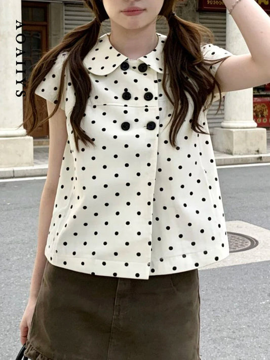 Aoaiiys Dot Shirts Women Peter Pan Collar Short Sleeve Shirt Sweet Fashion Casual Blouse Summer New Comfortable Female Tops