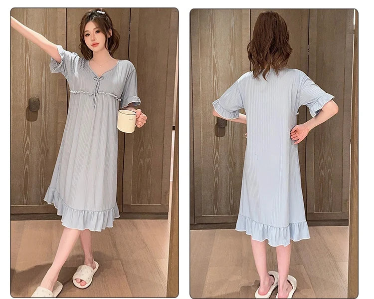 Hot Summer Plus Size Sexy Lace V-neck Short Sleeve Cotton Nightgowns for Women Cute Sleepwear Night Dress Nightdress Home Nighty