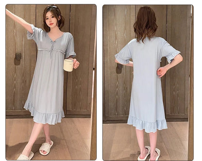 Hot Summer Plus Size Sexy Lace V-neck Short Sleeve Cotton Nightgowns for Women Cute Sleepwear Night Dress Nightdress Home Nighty