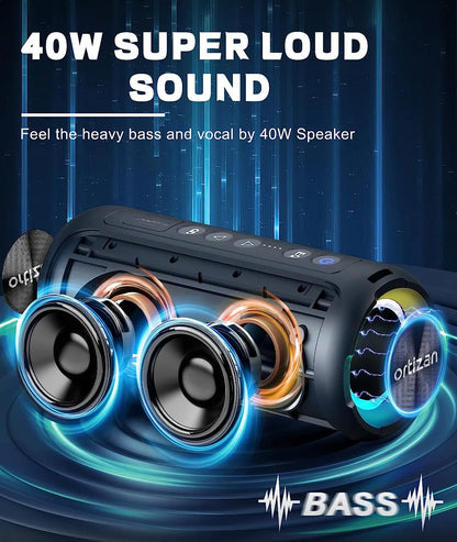 Ortizan Wireless Bluetooth Speaker with 40W HD Sound and Bass, IPX7 Waterproof,30H Playtime, Bluetooth 5.3, Handsfree, TF/AUX in