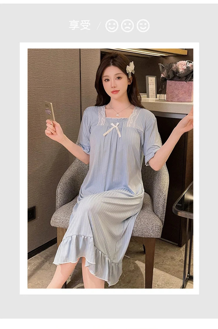 Hot Summer Plus Size Sexy Lace V-neck Short Sleeve Cotton Nightgowns for Women Cute Sleepwear Night Dress Nightdress Home Nighty