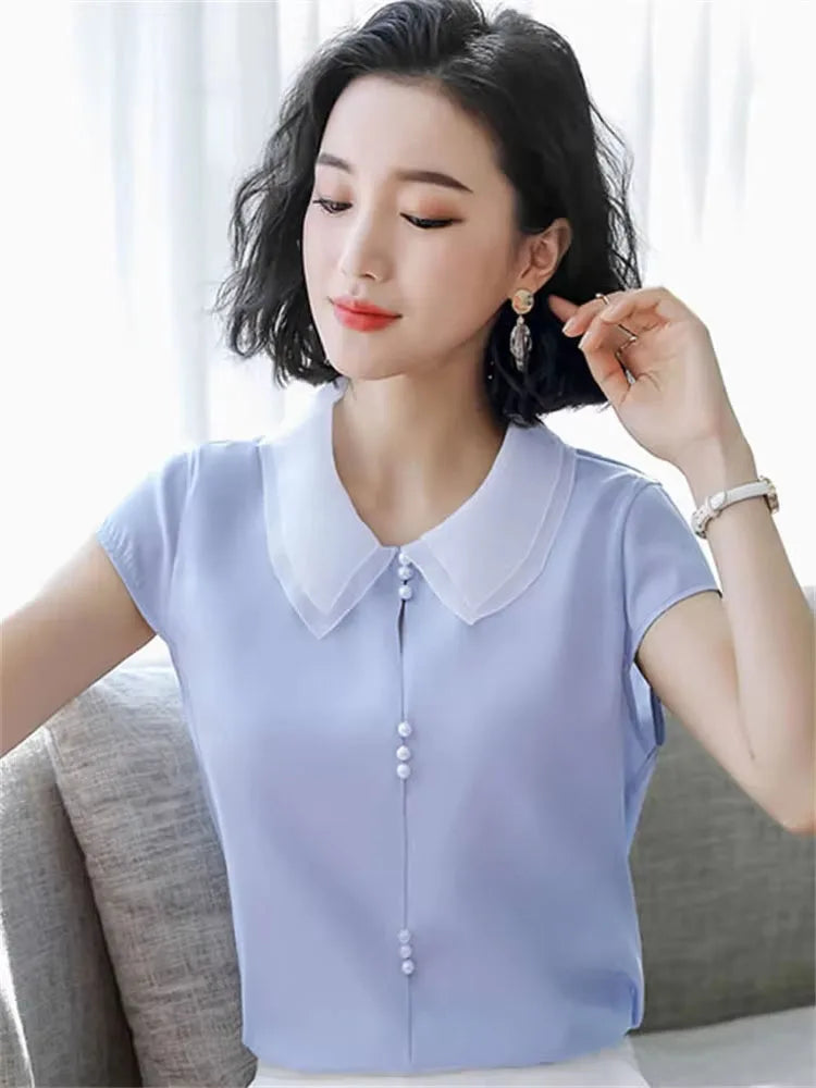 Women Spring Summer Style Blouses Shirts Lady Casual Short Sleeve Peter Pan Collar Blue Pink Blusas Tops