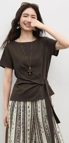SENTUBILA Women's 2 Piece Bohemian Blouse Summer Set 2026 Beaded Tie Top Elastic Waist Shorts Clothing Set 161ZC4660